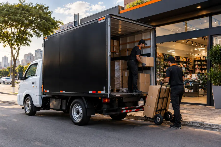 Caminhão baú com equipe descarregando caixas em uma loja durante um frete comercial